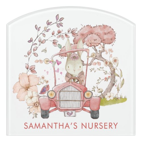 Vintage Car Cute Bunny Florals Girl Name Nursery Door Sign