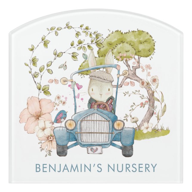 Vintage Car Cute Bunny Foliage Boy Name Nursery Door Sign (Contour Front)