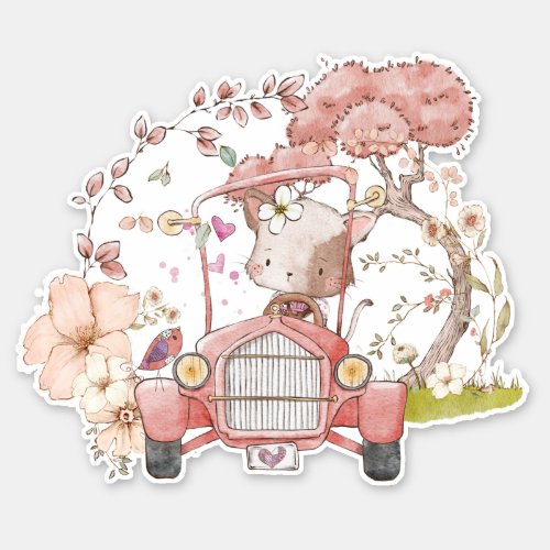 Vintage Car Cute Cat Foliage Baby girl Sticker