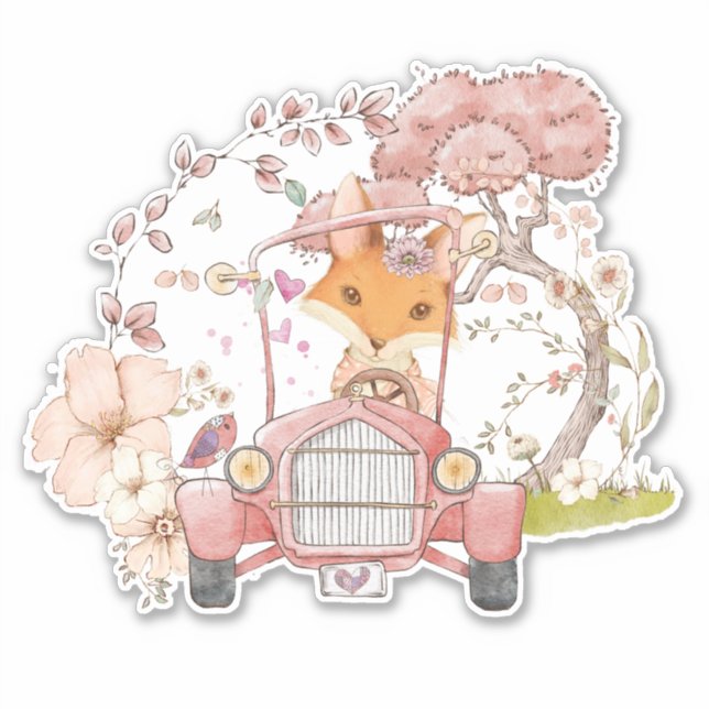 Vintage Car Cute Fox Botanical Baby girl Sticker (Front)