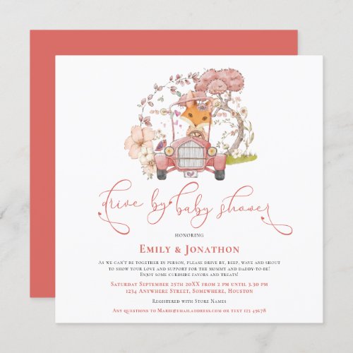 Vintage Car Cute Fox Coral Drive By Baby Shower Invitation