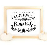 Vintage Car Farm Fresh Pumpkins Black & White Poster<br><div class="desc">Design features our black and white typographic design "Farm Fresh Pumpkins" with a rustic hand-drawn etched-style vintage car carrying pumpkins in the back. Pumpkin leaves and vines create a modern,  rustic design. Customized with your last name,  initials,  and year. All illustrations are hand-drawn original artwork by Moodthology.</div>