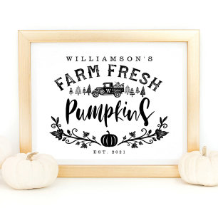Vintage Car Farm Fresh Pumpkins Black & White Poster