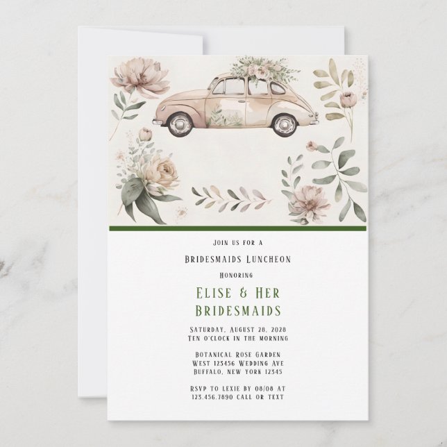 Vintage Car Floral Bridesmaids Luncheon Invitation (Front)