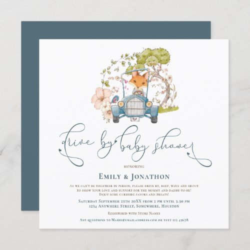 Vintage Car Fox Turquoise Boy Drive By Baby Shower Invitation