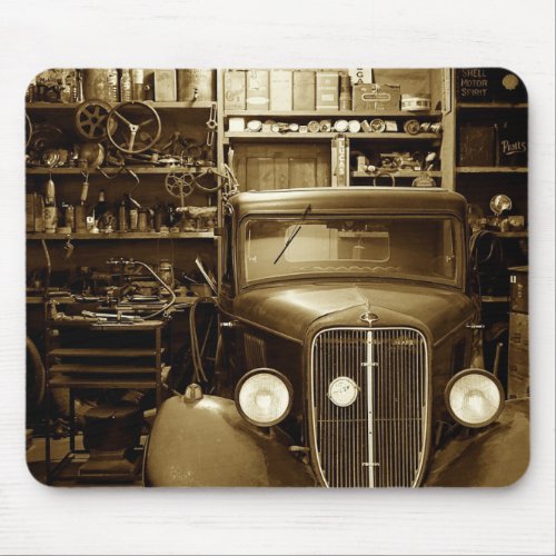 Vintage Car Garage and Repair Shop Mouse Pad