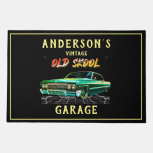 Vintage Car Garage Old Skool Green Chevy Black Doormat