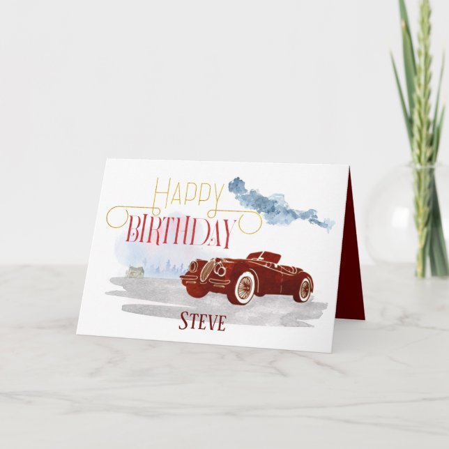 Vintage Car Happy Birthday Typography For Him Card (Front)