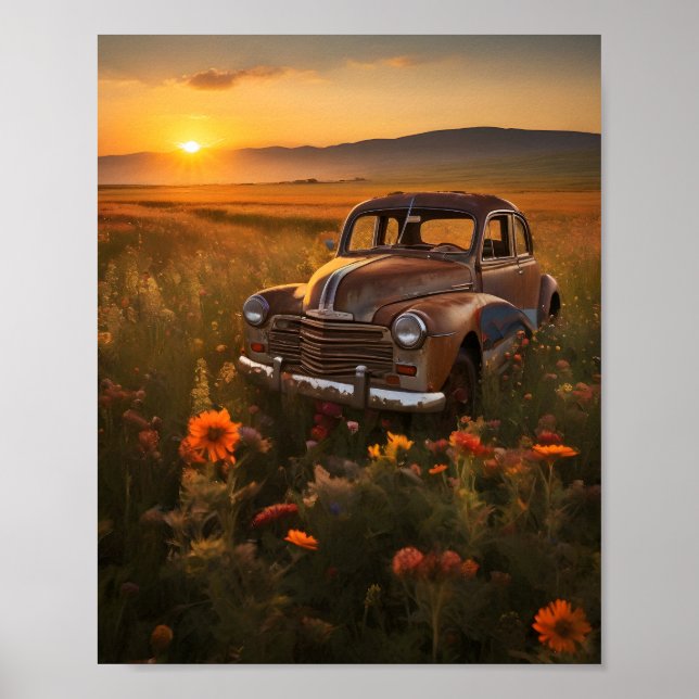 Vintage Car in a Field at Sunset Poster (Front)
