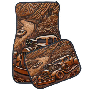 Vintage Car in Leather Design Floor Mat