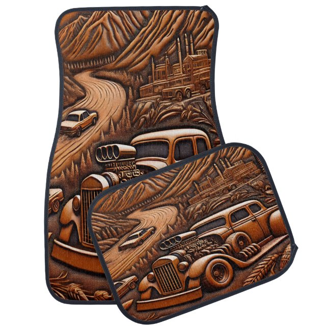 Vintage Car in Leather Design Floor Mat (Set)