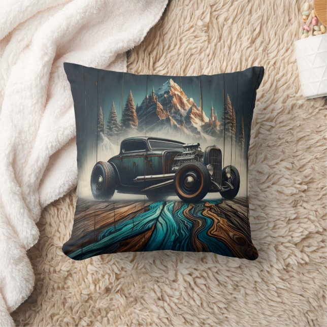 Vintage Car in Mountain Landscape Throw Pillow (Blanket)