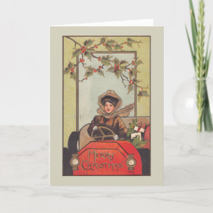 Vintage Car Lady Merry Christmas Holly Holiday Card