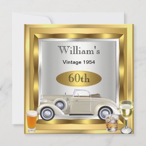 Vintage Car Mens 60th Birthday Party Gold Silver 2 Invitation