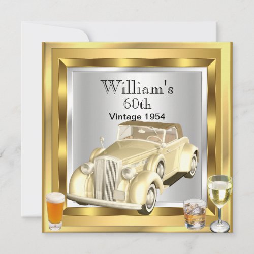 Vintage Car Mens 60th Birthday Party Gold Silver 3 Invitation