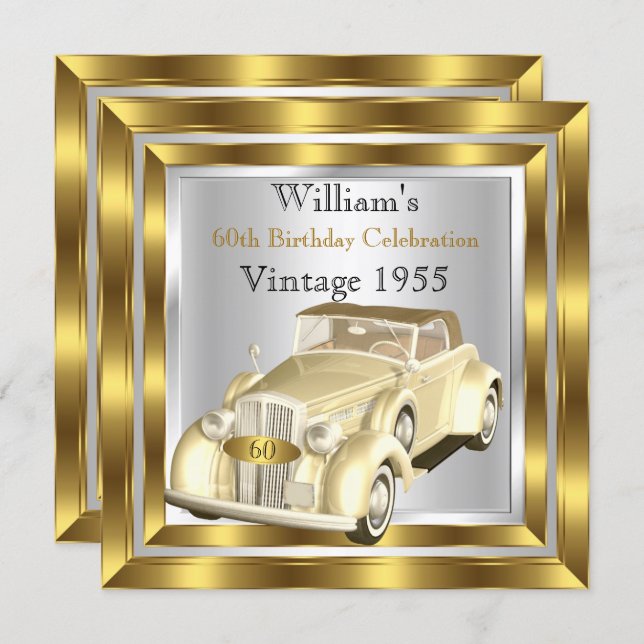 Vintage Car Men's 60th Birthday Party Gold Silver Invitation (Front/Back)