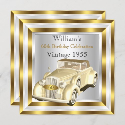 Vintage Car Mens 60th Birthday Party Gold White Invitation