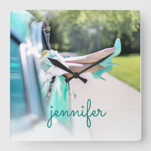 Vintage Car Mint Green High Heels Retro Girl Square Wall Clock