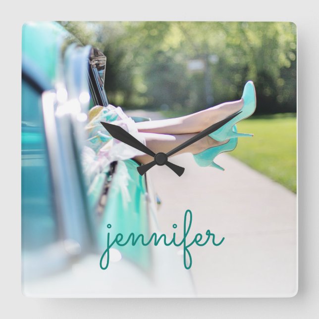 Vintage Car Mint Green High Heels Retro Girl Square Wall Clock (Front)