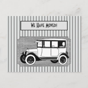 Vintage Car on Gray Stripes Change of Address Announcement Postcard