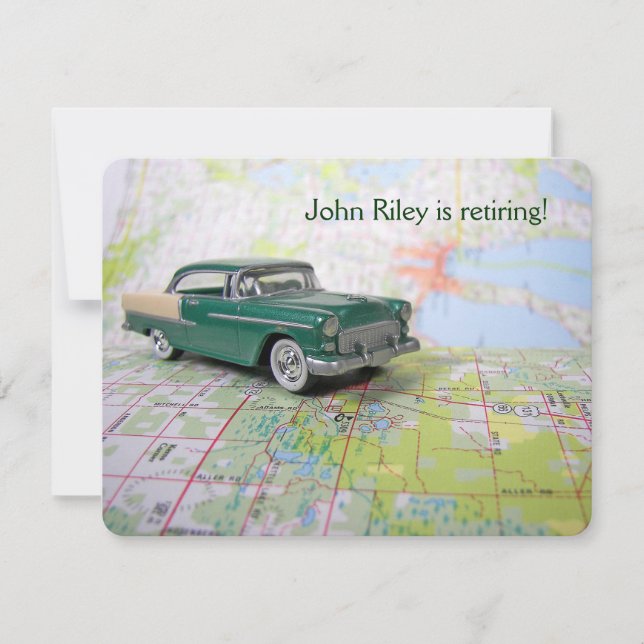 Vintage Car on map Retirement Invitation (Front)