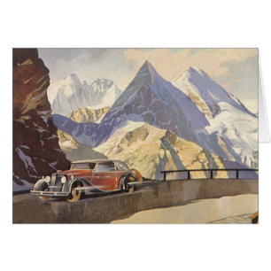 Vintage Car on Mountain Road in Winter with Snow Cards