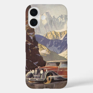 Vintage Car on Mountain Road in Winter with Snow iPhone 16 Case