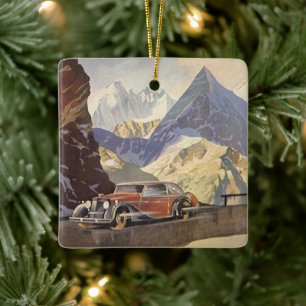 Vintage Car on Mountain Road in Winter with Snow Ceramic Ornament