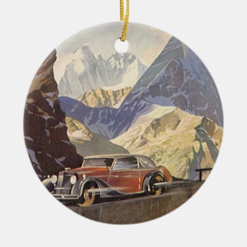 Vintage Car on Mountain Road in Winter with Snow Ceramic Ornament