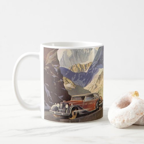 Vintage Car on Mountain Road in Winter with Snow Coffee Mug