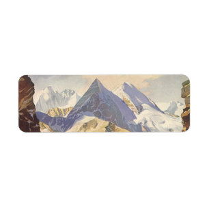 Vintage Car on Mountain Road in Winter with Snow Label