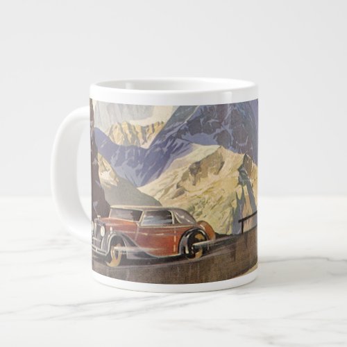 Vintage Car on Mountain Road in Winter with Snow Large Coffee Mug