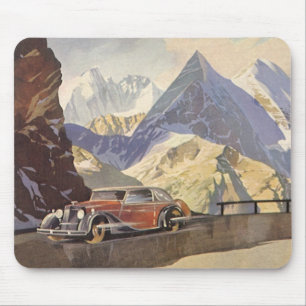 Vintage Car on Mountain Road in Winter with Snow Mouse Pad