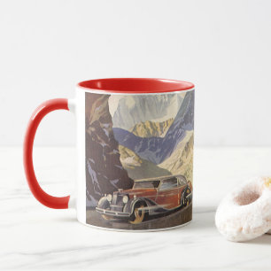Vintage Car on Mountain Road in Winter with Snow Mug