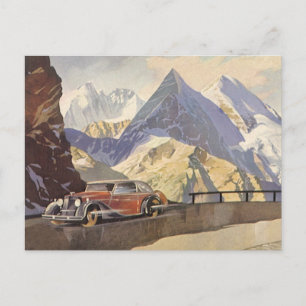 Vintage Car on Mountain Road in Winter with Snow Postcard