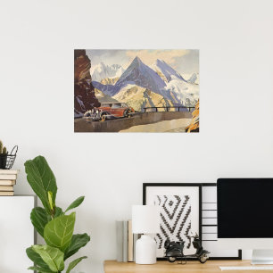 Vintage Car on Mountain Road in Winter with Snow Poster