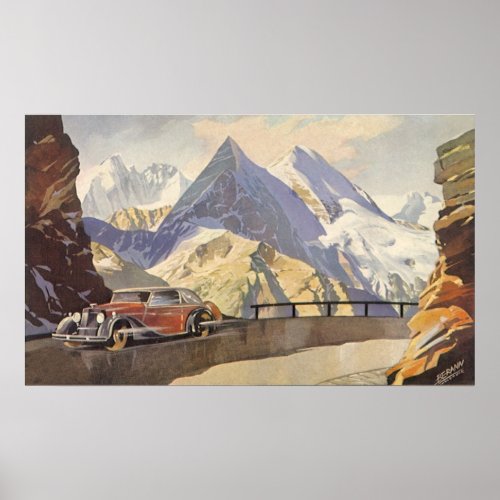 Vintage Car on Mountain Road in Winter with Snow Poster