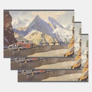 Vintage Car on Mountain Road in Winter with Snow Wrapping Paper Sheets