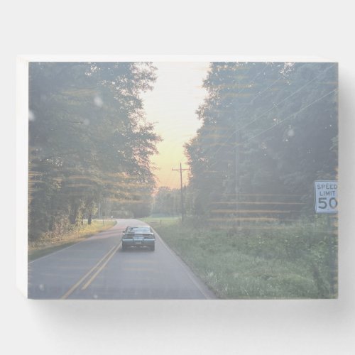 Vintage Car On the Road with the Sunset Wooden Box Sign