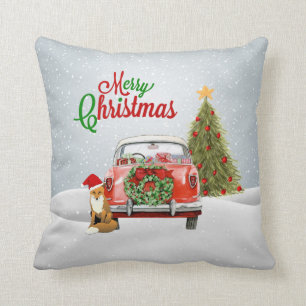 Vintage car parked by Christmas Tree and fox sitti Throw Pillow