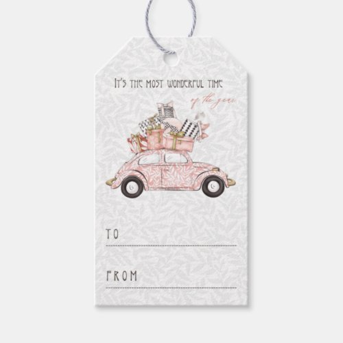 Vintage Car Pink Christmas Gift Tags