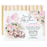 Vintage Car Pink Gold Floral Drive By Baby Shower Invitation