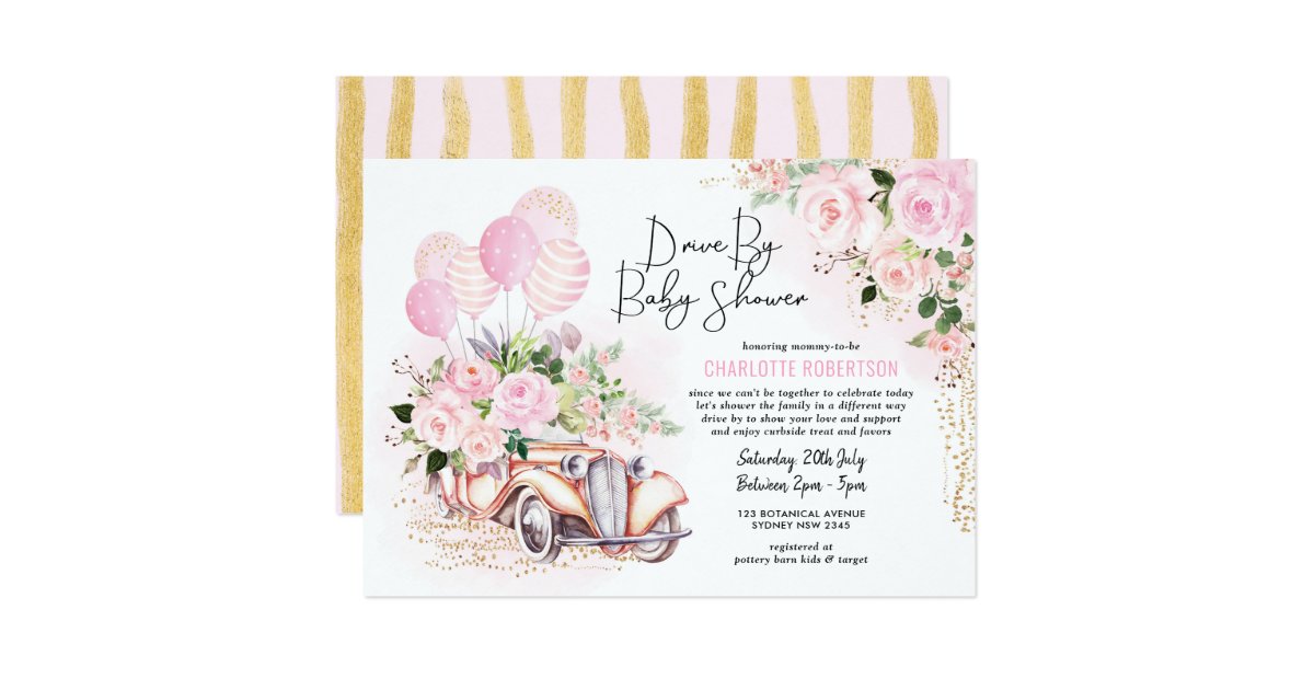 Vintage Car Pink Gold Floral Drive By Baby Shower Invitation