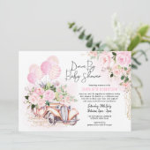 Vintage Car Pink Gold Floral Drive By Baby Shower Invitation (Standing Front)