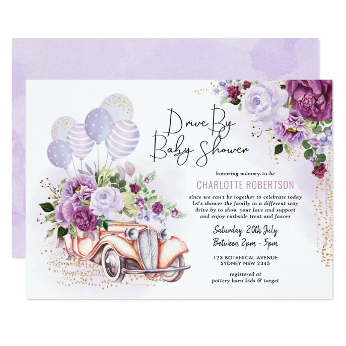 Vintage Car Purple Floral Drive Thru Baby Shower Invitation