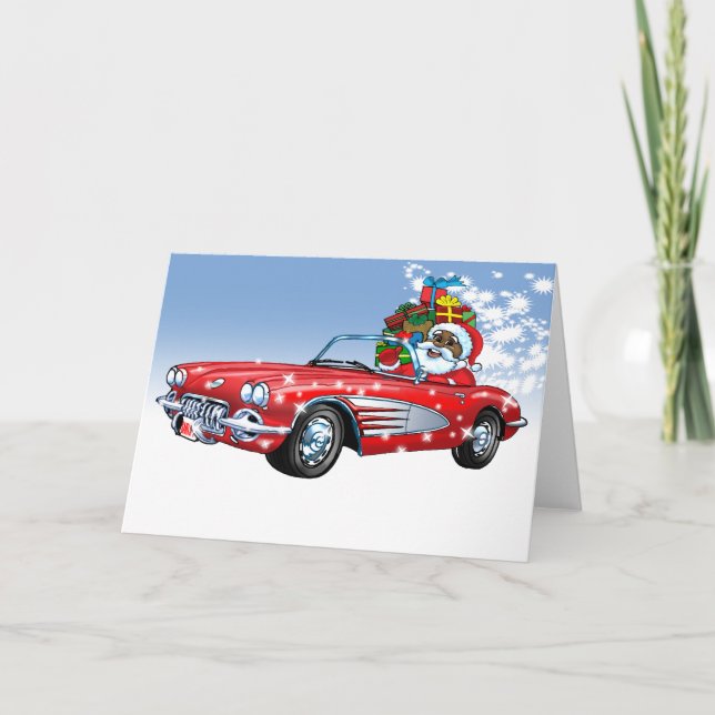 Vintage Car Santa Holiday Card (Front)