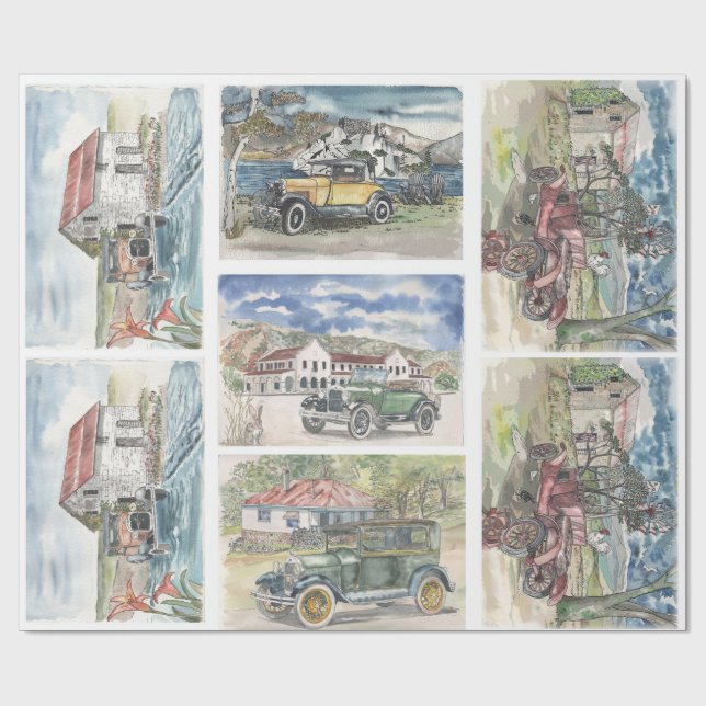 Vintage Car Scenes Wrapping Paper (Flat)