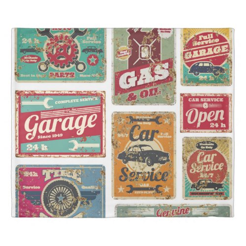 Vintage car service and gas station vintage metal  duvet cover
