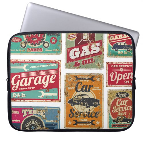 Vintage car service and gas station vintage metal  laptop sleeve