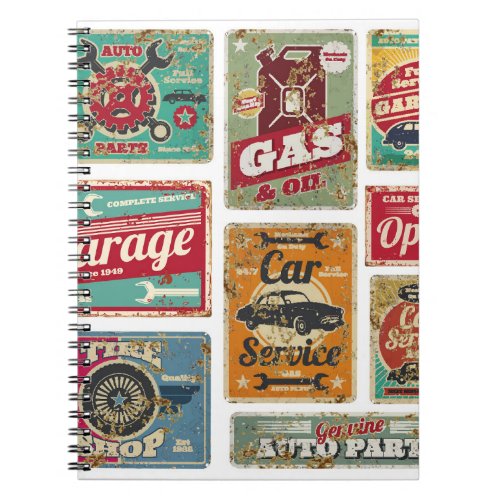 Vintage car service and gas station vintage metal notebook